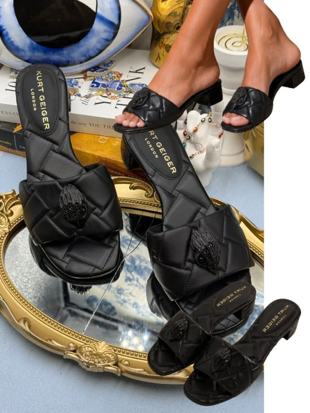 🆕 KURT GEIGER LONDON 🧿 NWOB Black Kensington Quilted Block Heel Sandal, Sz37 7